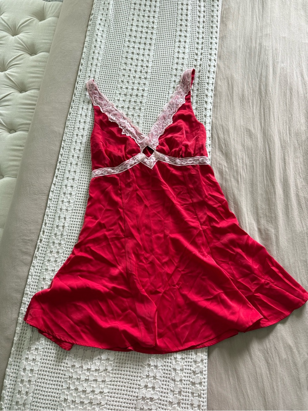 wild fable Red Satin Chemise with Cream Lace Trim